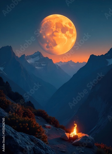 E-commerce Product Background with Full Moon: Realistic 3D Rendered Mountain Landscape Featuring Rocks, Fire, and Night Sky for Digital Marketing, Holiday Promotions, Outdoor Branding, or Nature-Theme