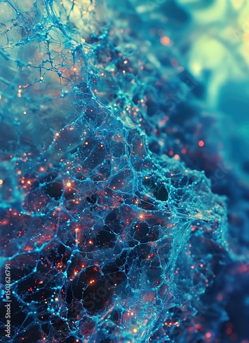 Dynamic Neon-Blue Liquid Neural Network with Synapse Nodes on Frosted Glass: Abstract Organic-Digital Fusion for Tech Posters, Data Visualization, Digital Art and Corporate Branding. Futuristic Minima
