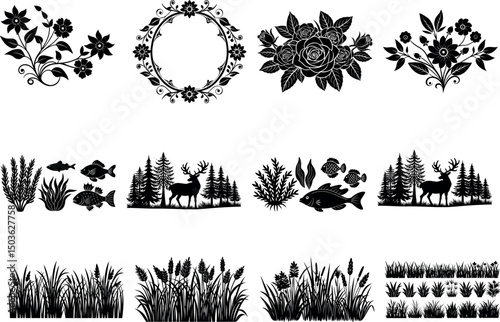 Flower forest fish and grass silhouette set bundle template