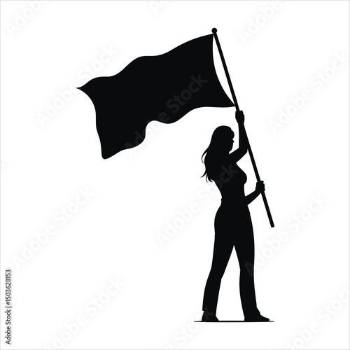Silhouette of a woman holding a flag symbolic of protest and freedom on white background