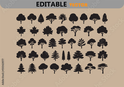 Collection of black tree silhouettes vector icons