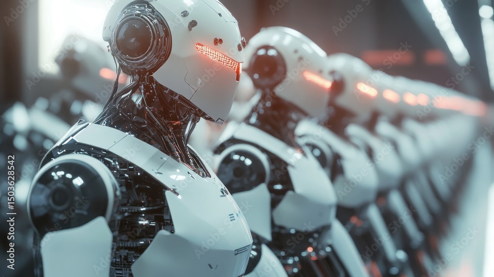 Fototapeta premium Rows of advanced robots in a factory setting