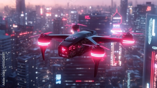 Futuristic drone in a vibrant city at night