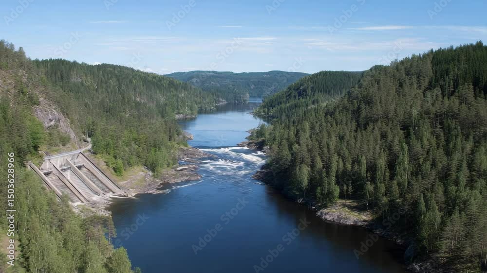 River landscape with dam and surrounding forest River landscape with dam and surrounding forest