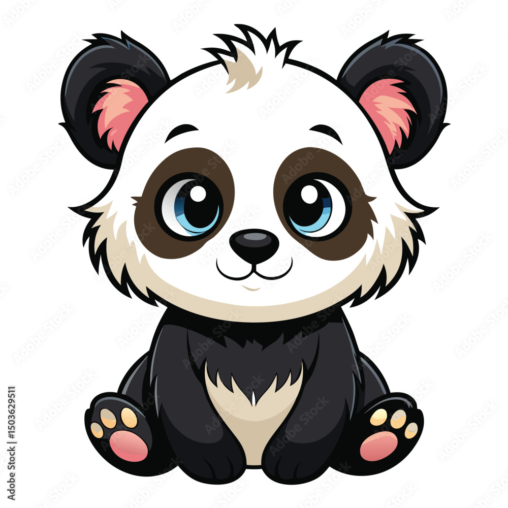 Obraz premium A fluffy baby panda with black and white fur sits and looks forward with a sweet expression with white background