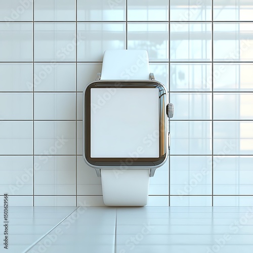 A modern smartwatch with a white strap is displayed vertically