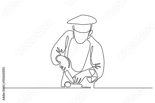 Continuous one line drawing of Professional kitchen cutting the meat. Single line drawing illustration of Young male chef cutting meat. Professional chef concept vector art. Doodle line illustration.