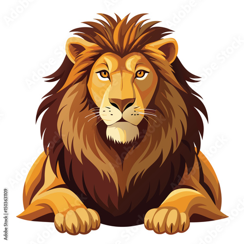 A majestic lion with a thick, dark mane rests with its front paws crossed with white background