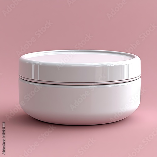 A white cosmetic jar on a soft pink color background