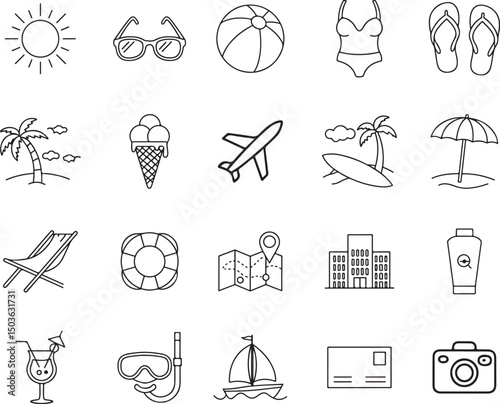 Set of Summer Beach Line Art Icons Vacation and Relaxation