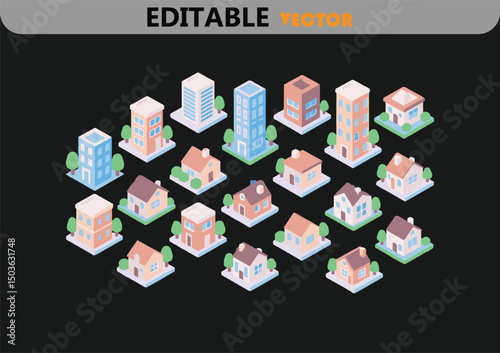Isometric illustration of houses and buildings cityscape