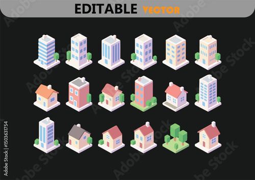 Isometric building icons set cityscape architecture design elements