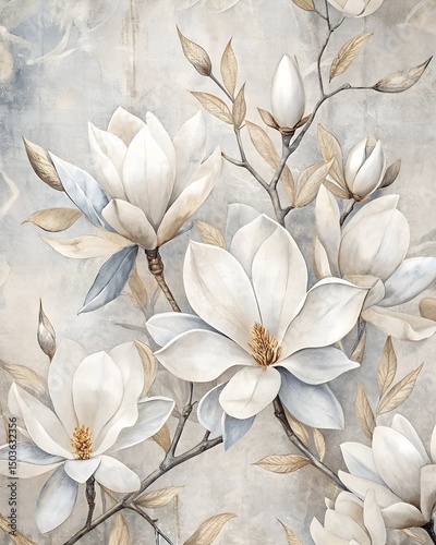 "Textured off-white background with sketched magnolia blossoms in light gray and metallic silver veins, elegant and serene wedding tone"