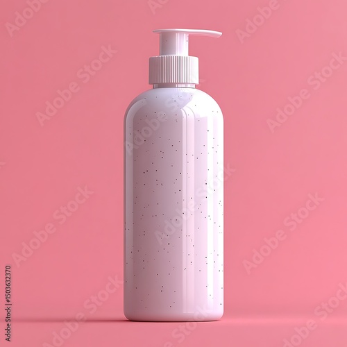 A white speckled pump bottle stands centered on a pink background