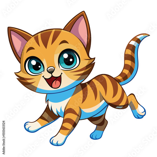 A playful tabby kitten with bright blue eyes and its mouth open mid-meow appears to be jumping with white background