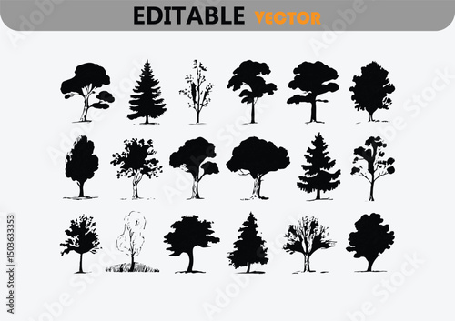 Collection of black and white tree silhouettes