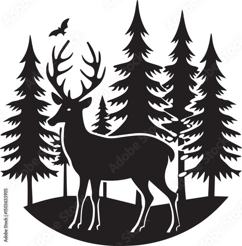 deer with pine trees and forest scenery silhouette vector icon, deer with pine trees and forest scenery illustration