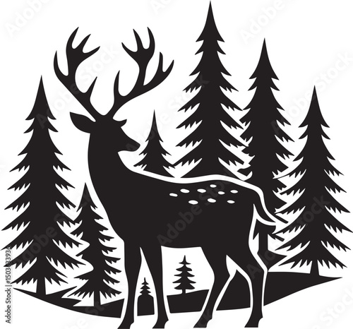 deer with pine trees and forest scenery silhouette vector icon, deer with pine trees and forest scenery illustration