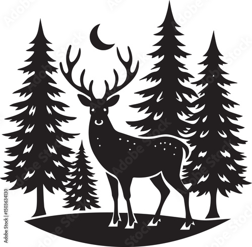 deer with pine trees and forest scenery silhouette vector icon, deer with pine trees and forest scenery illustration