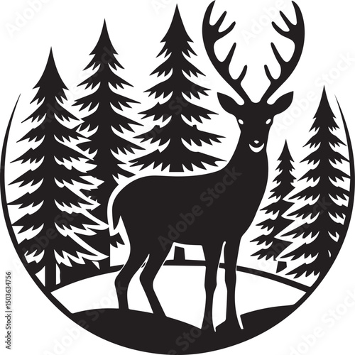 deer with pine trees and forest scenery silhouette vector icon, deer with pine trees and forest scenery illustration