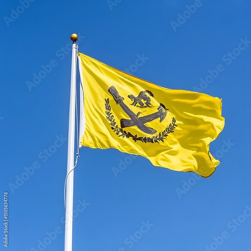 A vibrant yellow flag with an emblem flutters in the sky