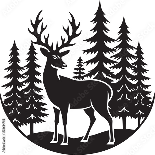 deer with pine trees and forest scenery silhouette vector icon, deer with pine trees and forest scenery illustration