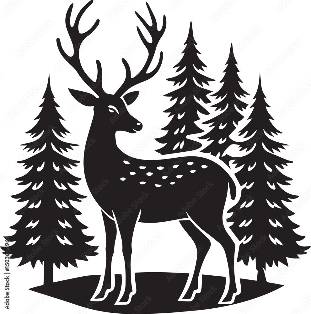 Obraz premium deer with pine trees and forest scenery silhouette vector icon, deer with pine trees and forest scenery illustration