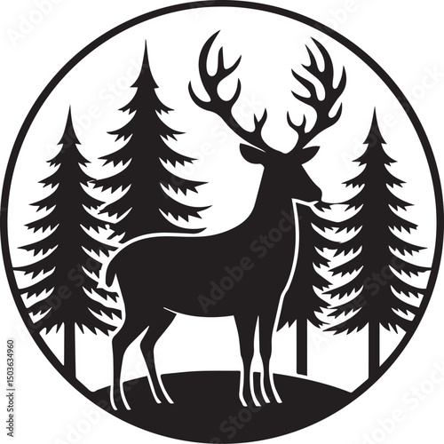 deer with pine trees and forest scenery silhouette vector icon, deer with pine trees and forest scenery illustration