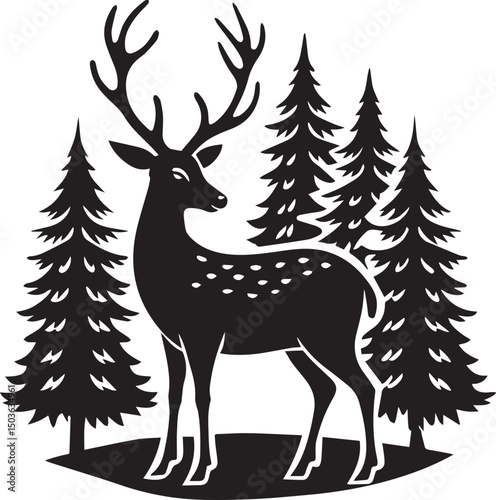 deer with pine trees and forest scenery silhouette vector icon, deer with pine trees and forest scenery illustration