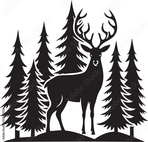 deer with pine trees and forest scenery silhouette vector icon, deer with pine trees and forest scenery illustration