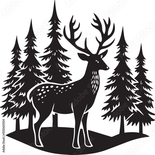 deer with pine trees and forest scenery silhouette vector icon, deer with pine trees and forest scenery illustration