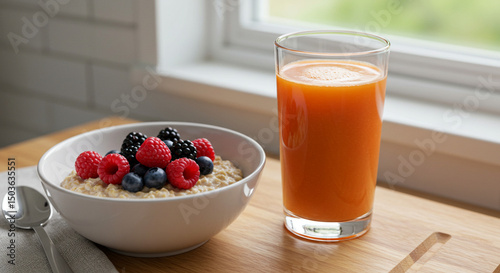 Vista superior de uma mesa de café da manhã com tigela de frutas, aveia, suco e elementos naturais ao redor.