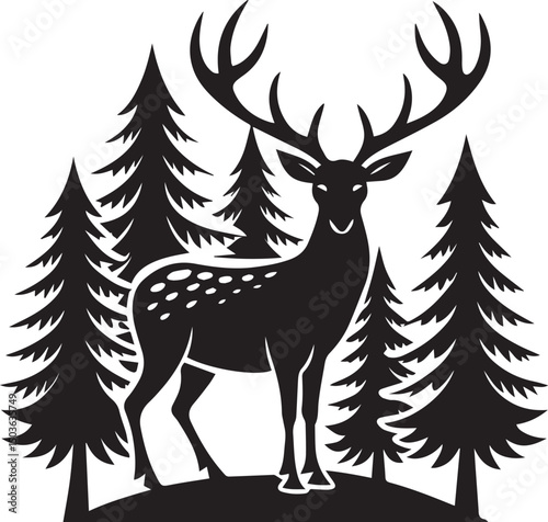 deer with pine trees and forest scenery silhouette vector icon, deer with pine trees and forest scenery illustration