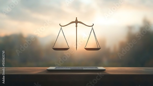 Scales of Justice with Laptop, and Sunset.