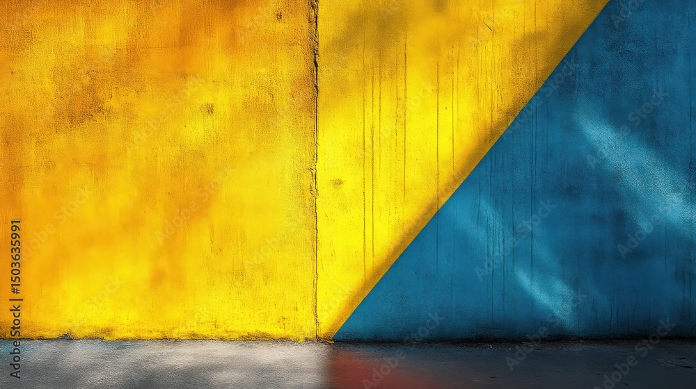 Vibrant yellow and blue geometric wall art with textured surface Vibrant yellow and blue geometric wall art with textured surface