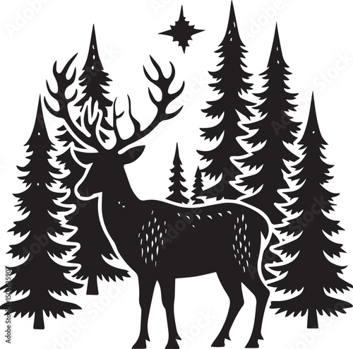 deer with pine trees and forest scenery silhouette vector icon, deer with pine trees and forest scenery illustration