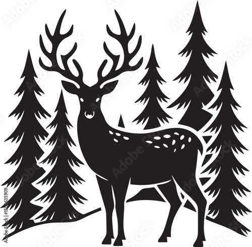 deer with pine trees and forest scenery silhouette vector icon, deer with pine trees and forest scenery illustration