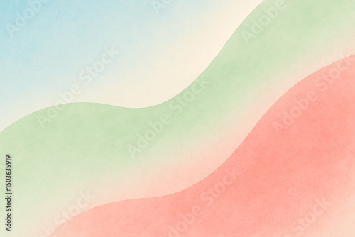 Calm and modern abstract layout with soft curves and gradient transitions, watercolor-inspired pastel palette with light sky blue, soft green, and coral red, digital grain overlay