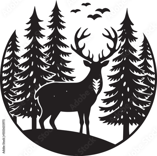deer with pine trees and forest scenery silhouette vector icon, deer with pine trees and forest scenery illustration