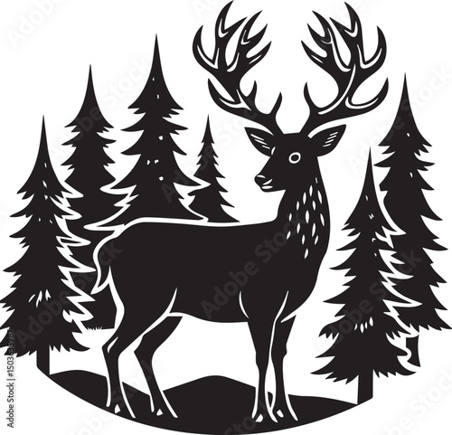 deer with pine trees and forest scenery silhouette vector icon, deer with pine trees and forest scenery illustration
