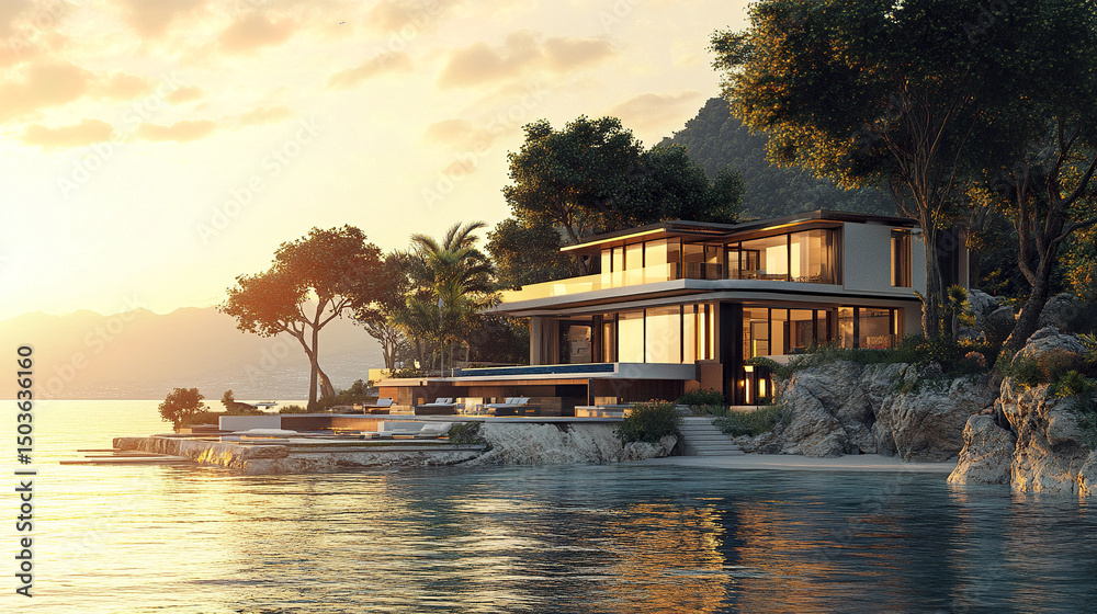 Fototapeta premium Luxurious oceanfront property with modern architecture and stunning sunset views