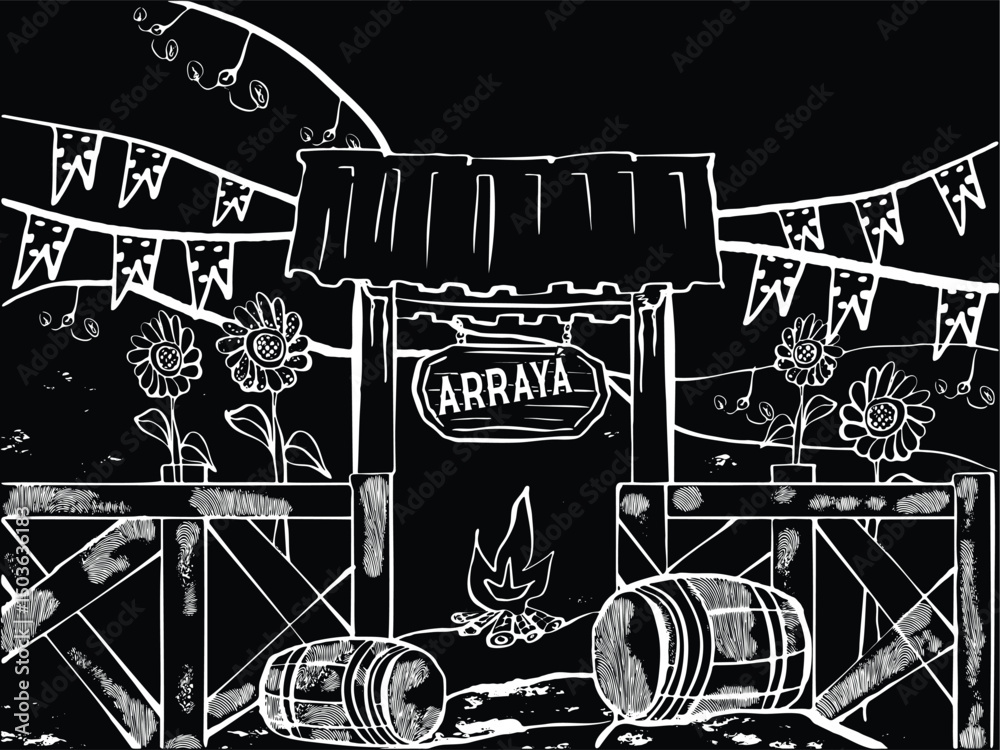 Festa junina arraiá entrance decorated with flags, sunflowers, barrels and bonfire