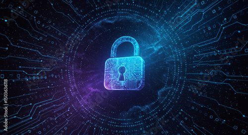 Fundo escuro com um cadeado digital feito de luzes ou partículas, representando segurança digital.