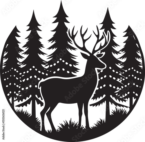 deer with pine trees and forest scenery silhouette vector icon, deer with pine trees and forest scenery illustration