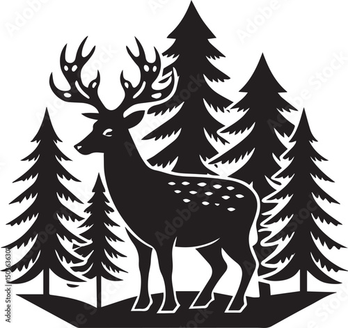 deer with pine trees and forest scenery silhouette vector icon, deer with pine trees and forest scenery illustration
