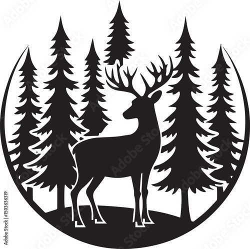 deer with pine trees and forest scenery silhouette vector icon, deer with pine trees and forest scenery illustration