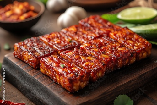 Freshly sliced tempeh stacked neatly on a wooden board