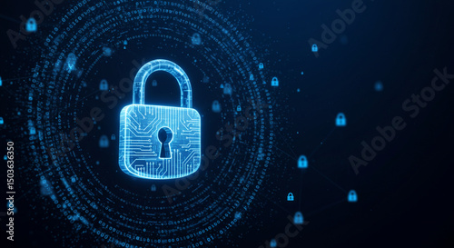 Wallpaper Mural Fundo escuro com um cadeado digital feito de luzes ou partículas, representando segurança digital. Torontodigital.ca