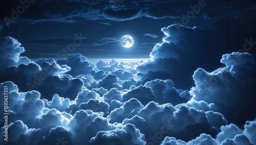 Illuminated Storm Cloudscape Under the Full Moon in Night Sky Aerial View
