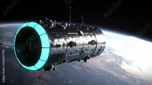 Wallpaper Mural Futuristic Spacecraft Orbiting Earth with Glowing Blue Lights Torontodigital.ca